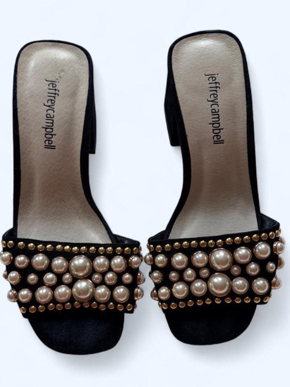 Jeffrey Campbell Black Suede and Pearl Open Toe Mules